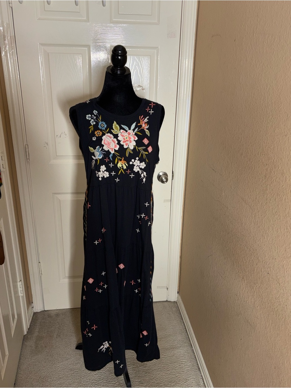 Johnny Was Relaxed Knit Dress Cotton Special Embroidery Floral Black Large